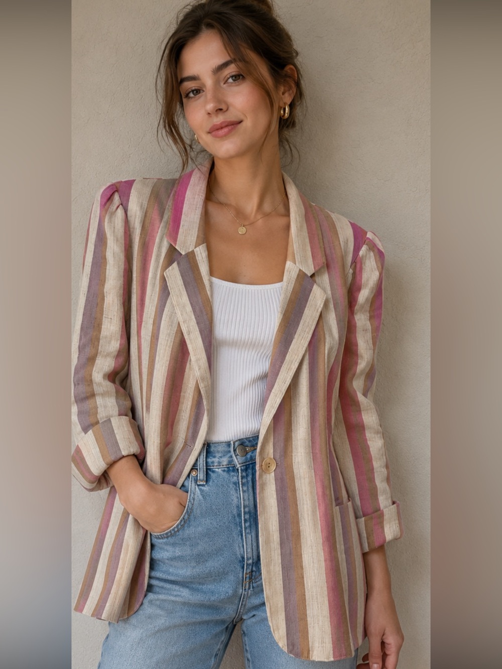 Vintage John’s Girl Inc. Striped Blazer Jacket in Pink & Cream Size M